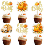 Gyufise 24Pcs Little Pumpkin Baby Shower Cupcake Toppers Pumpkin Baby Shower Cupcake Pick Decorations Fall Themed Gender Reveal Party Decorations Supplies Orange Gold