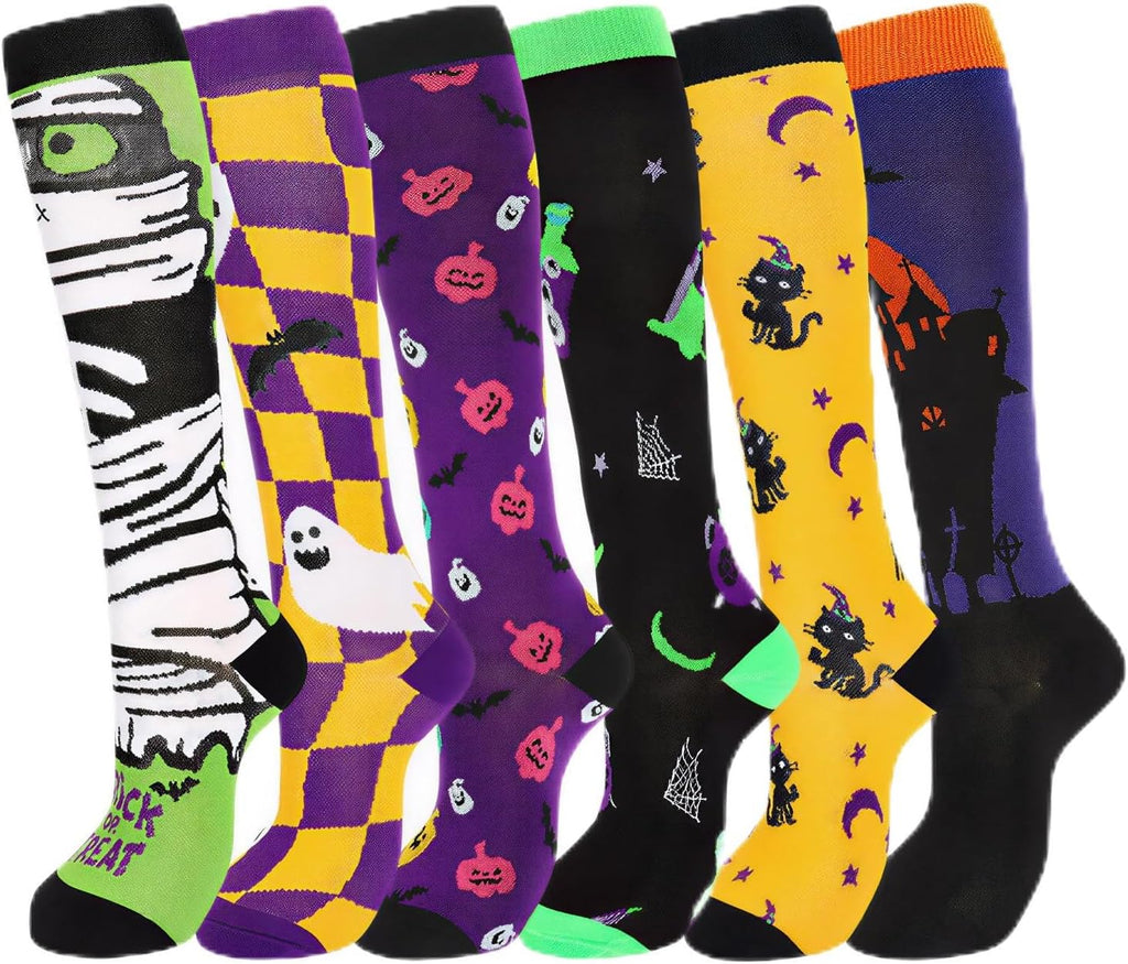 Charunee 6 Pairs Halloween Christmas Compression Socks for Women & Men for Running, Traveling, Nurse, Holiday Wear