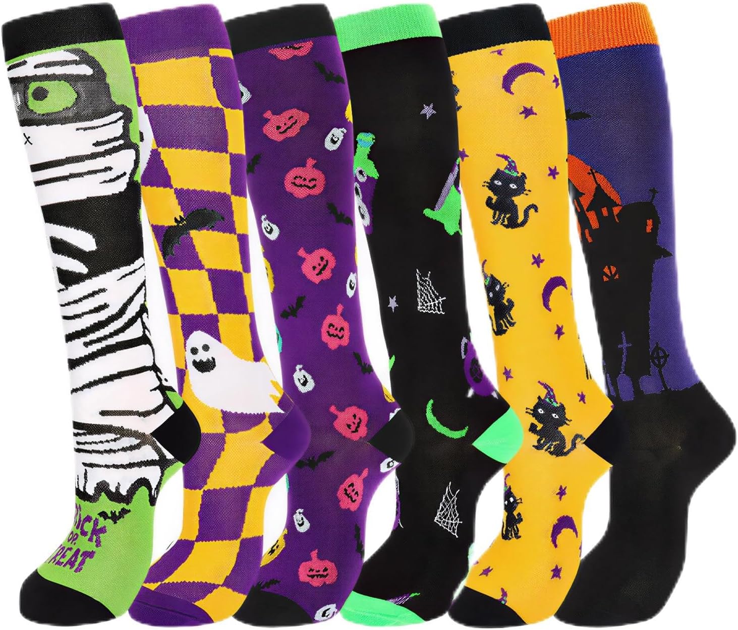 Charunee 6 Pairs Halloween Christmas Compression Socks for Women & Men for Running, Traveling, Nurse, Holiday Wear
