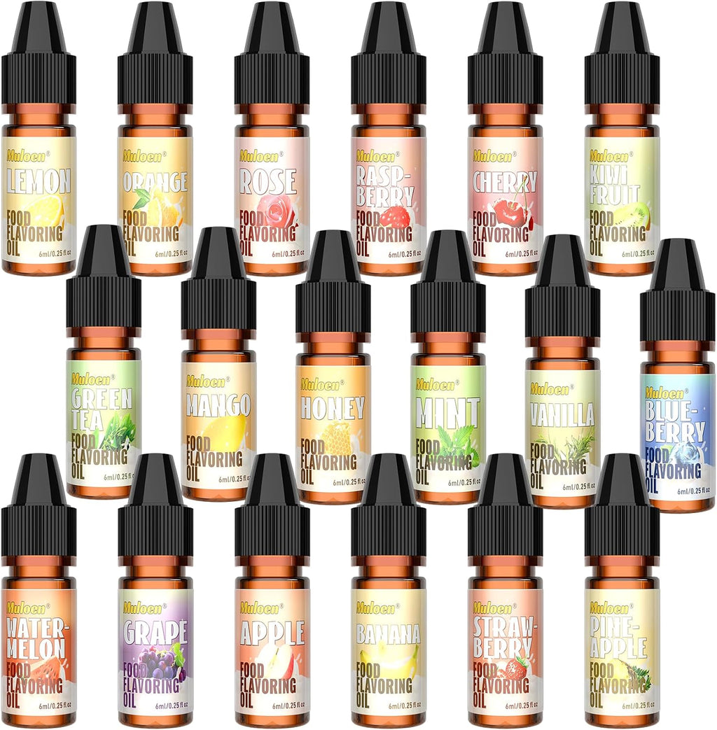 Food Flavoring Oil - 18 Flavors Candy Flavoring, Concentrate Flavor Extract for Baking, Lip Gloss, Drinks, Cooking, Soap - Water & Oil Soluble - 0.25 Fl Oz/Bottles
