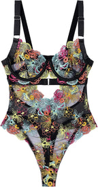 SEAUR Women's Sexy Lace Floral Embroidered Teddy Bodysuit Mesh Sheer One Piece Hollow Out Lingerie