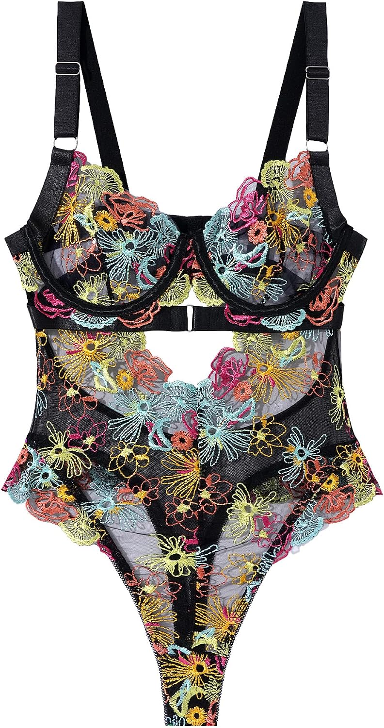 SEAUR Women's Sexy Lace Floral Embroidered Teddy Bodysuit Mesh Sheer One Piece Hollow Out Lingerie