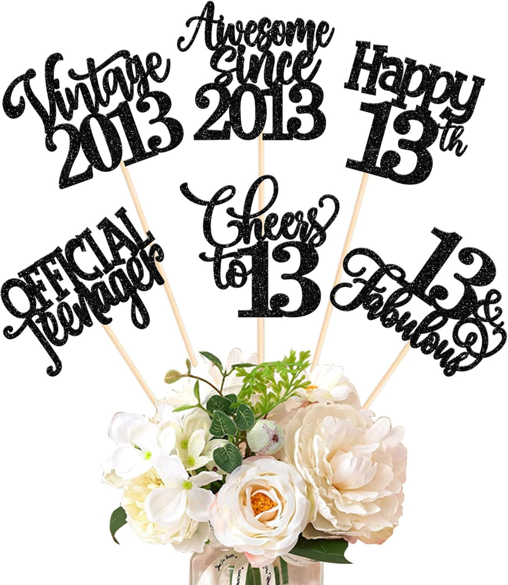 12 Pack Happy 13th Birthday Centerpiece Sticks Glitter Straight Outta 2013 Thirteen 13 Years Old Awesome Since 2013 Table Flower Centerpiece Sticks for 13 Fabulous Theme Party Supplies Black