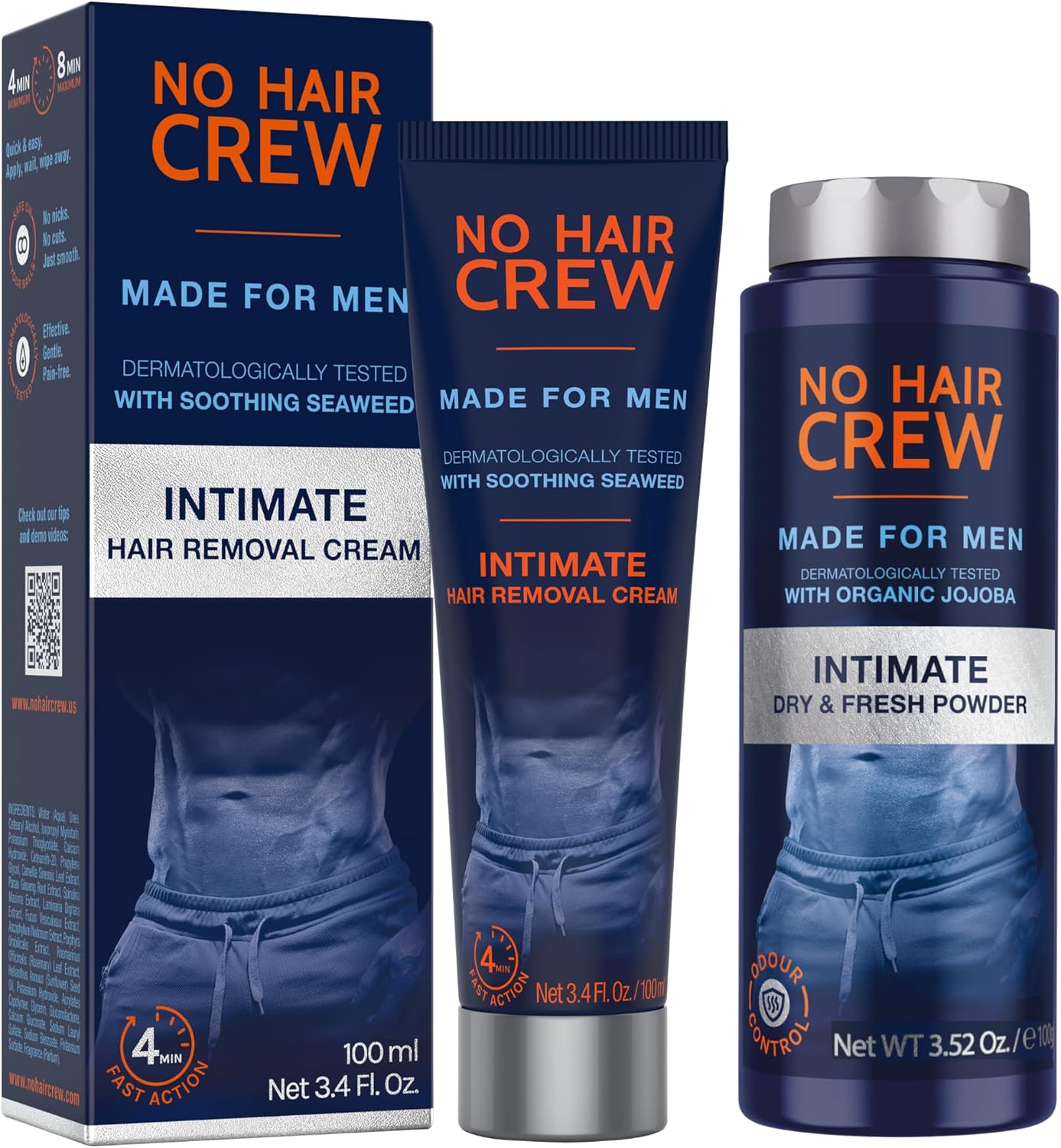 No Hair Crew | Intimate Bundle | Includes Hair Removal Depilatory Cream for Men and Dry & Fresh Body Powder for Sweat and Odor Control