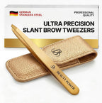 Beauty Power Professional Tweezers in Case - Slant, Durable Lightweight German Stainless Steel, Ultra Precision Tweezers for Eyebrows, Facial Hair, Chin, and Ingrown Hair Removal - Gift Idea - Gold