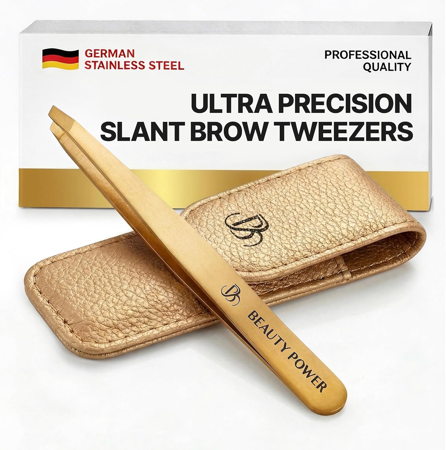 Beauty Power Professional Tweezers in Case - Slant, Durable Lightweight German Stainless Steel, Ultra Precision Tweezers for Eyebrows, Facial Hair, Chin, and Ingrown Hair Removal - Gift Idea - Gold