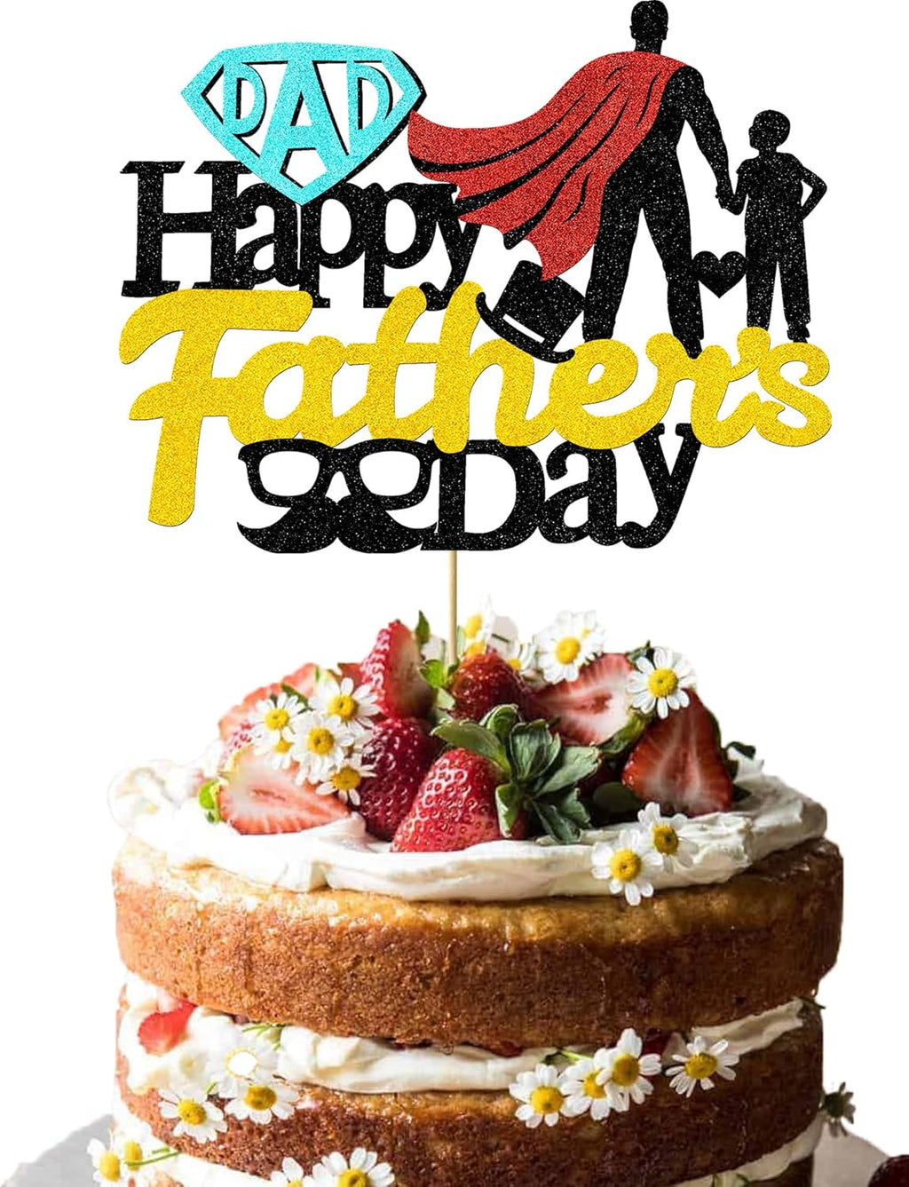 Happy Father's Day Cake Topper, Super Father Cake Topper Happy Father's Day Cake Decorations Glitter Gold and Black Cake Topper for Fathers Day Party Favors