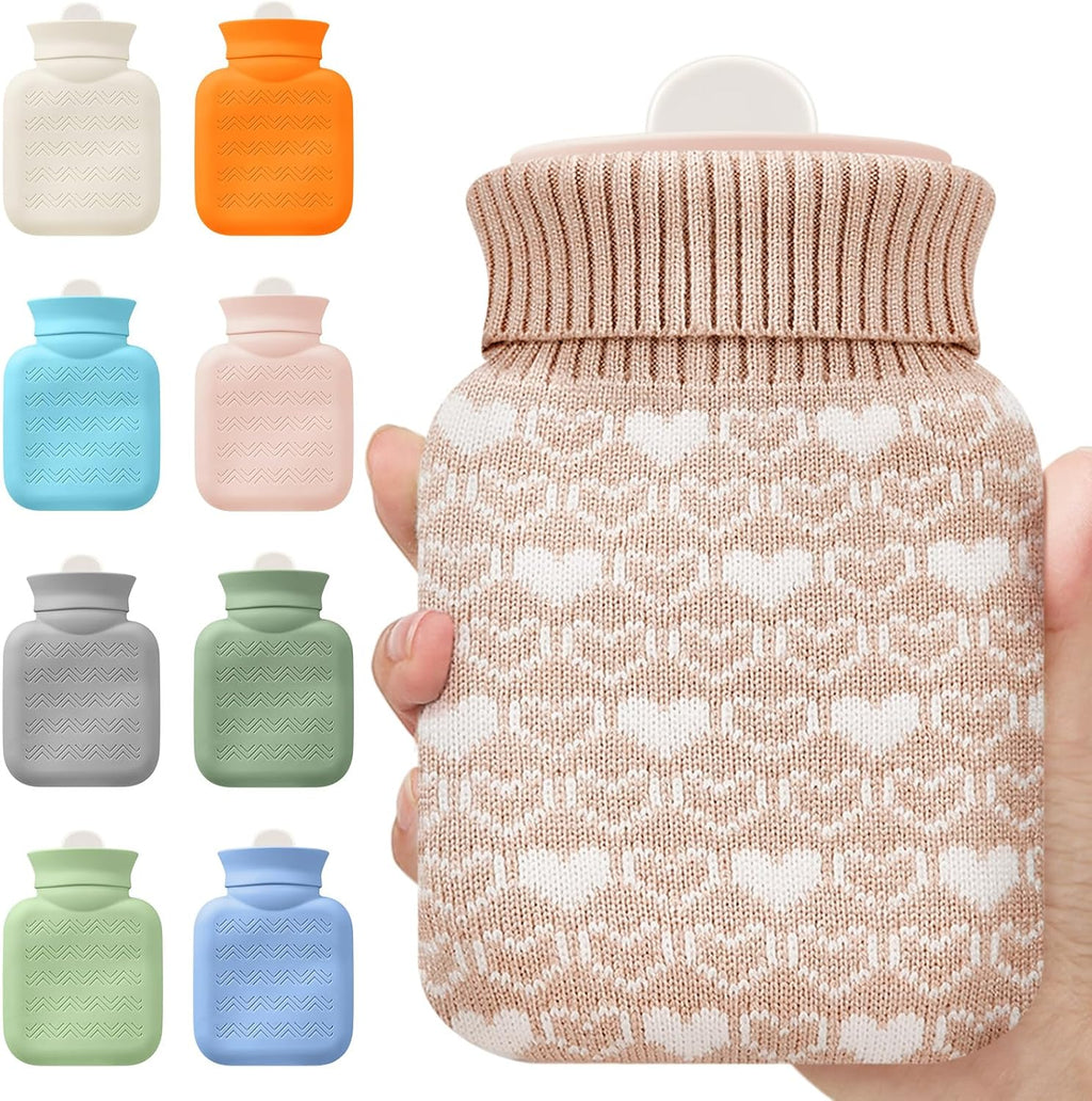 Amylove Mini Hot Water Bottle with Knitted Cover 320ml, Mother's Gift Water Bag for Women, Microwave Heating Bottle for Pain Relief Menstrual Cramps Travel(Beige)