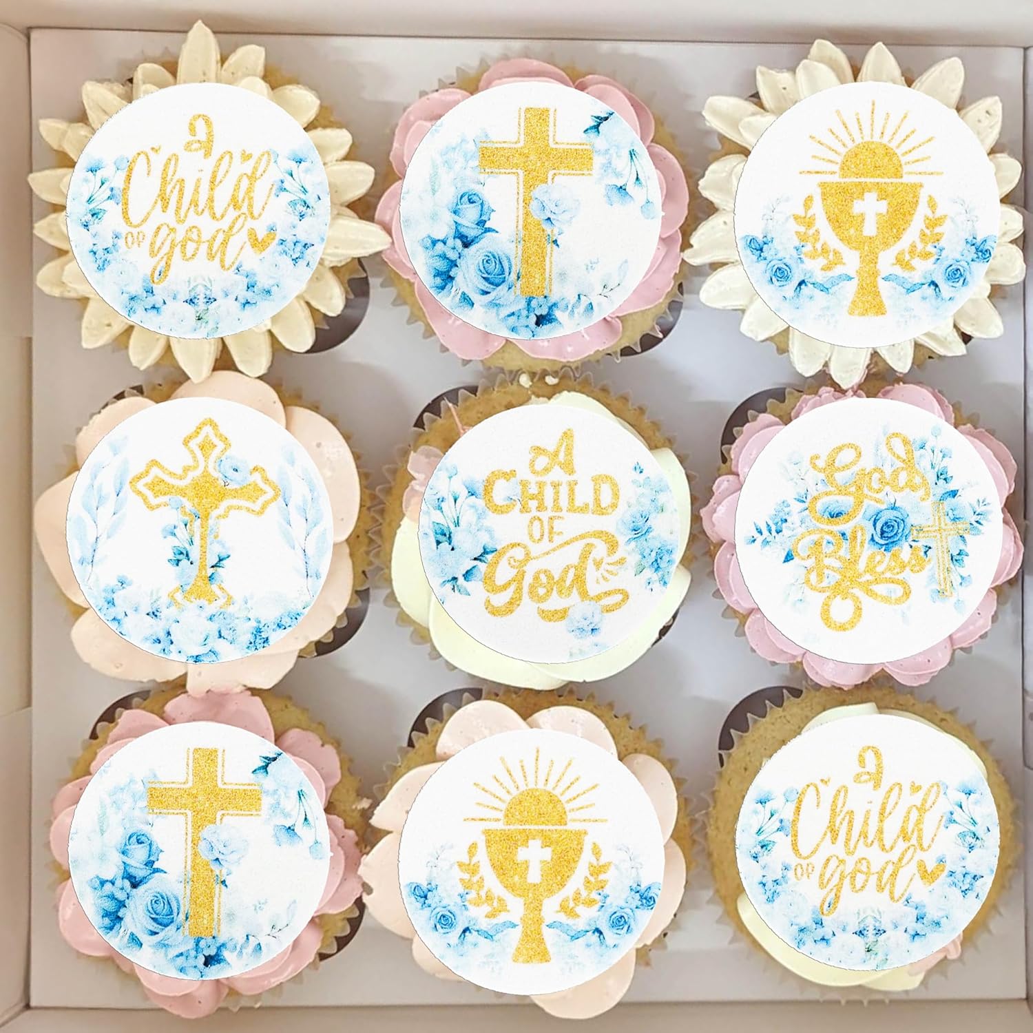 Ephlyn 48Pcs Edible God Bless Cupcake Toppers Wafer Paper Floral God Bless Cake Toppers Christian Theme Baby Shower Birthday Party Cake Decorations Supplies Blue