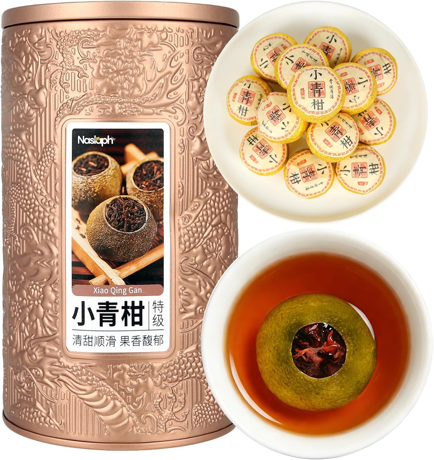 NASLAPH Tangerine Peel Puerh Tea, Xiao Qing Gan Pu-erh Tea, Xinhui ChenPi Pu'er Citrus Yunnan Puerh Green Orange Peel with Smooth & Fragrant 小青柑 新会陈皮普洱茶 普洱茶 5.29Oz/150g