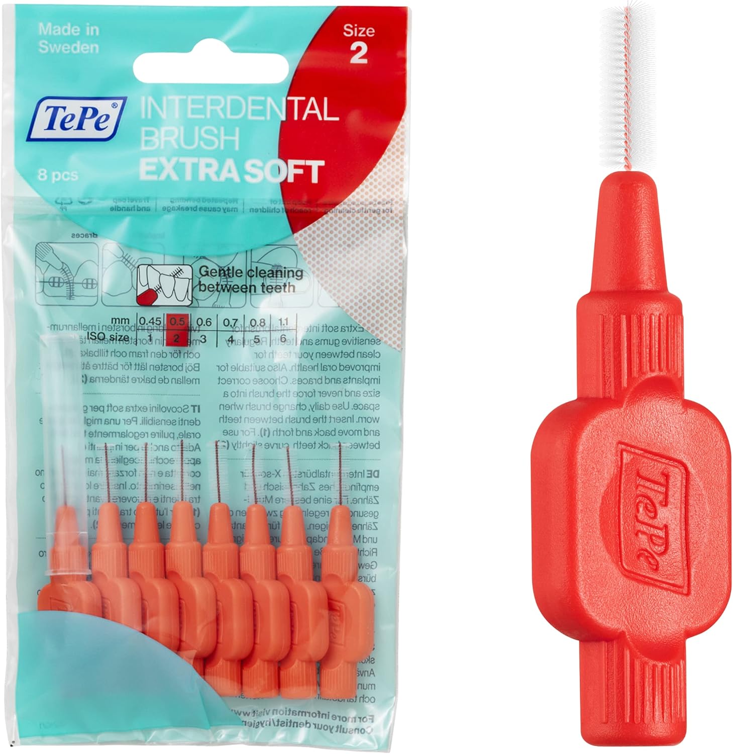 TePe Interdental Brush Extra Soft, Supersoft Dental Brush for Teeth Cleaning, Pack of 8, 0.5 mm, Extra-Small/Small Gaps, Red, Size 2