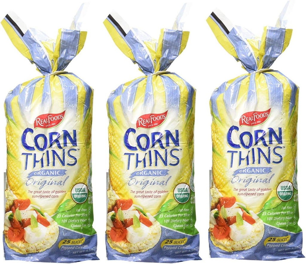 Real Foods Organic Original Corn Thins 5.3oz 3 Pack - Organic Golden Sun-Ripened Corn Cakes - USDA Organic Snack