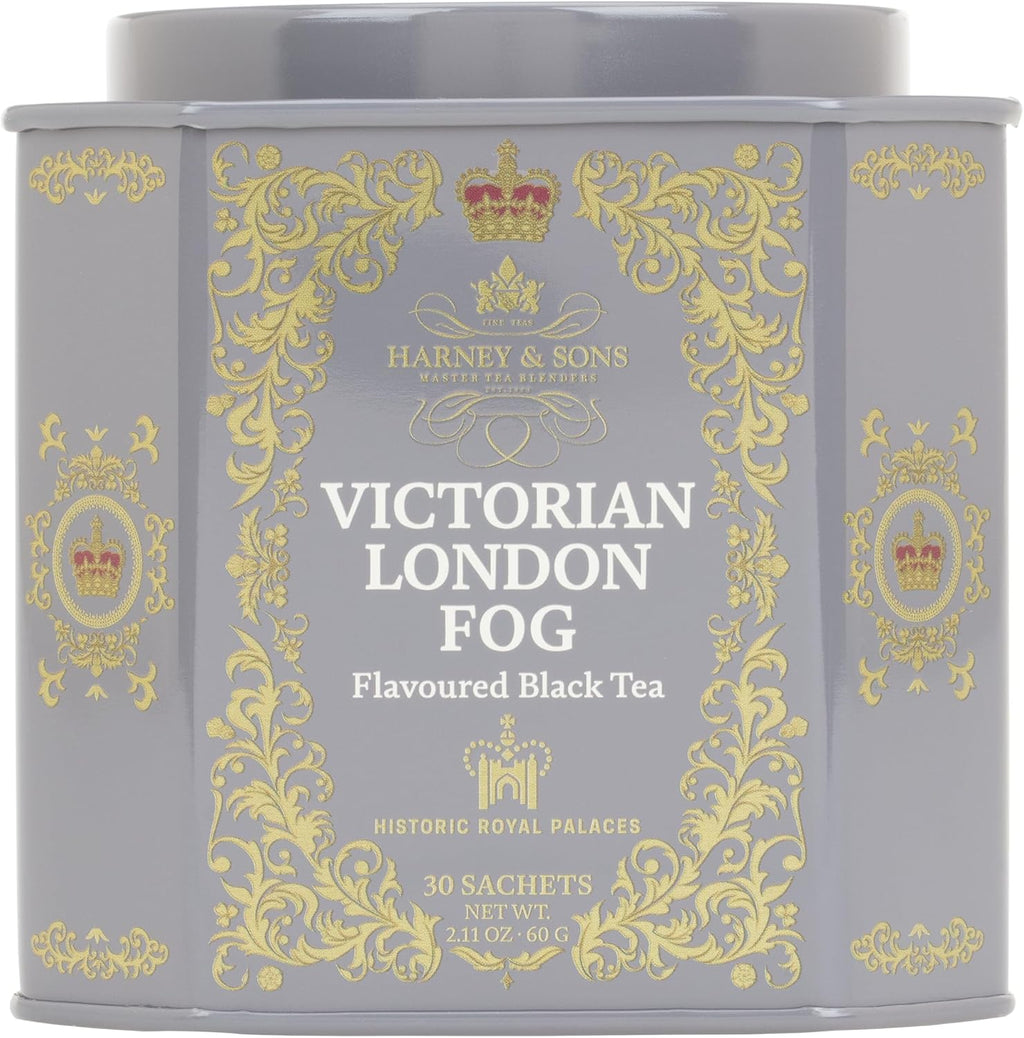 Harney & Sons Victorian London Fog Tea, Black and Oolong Tea with Citrus, Vanilla and Lavender | 30 Sachets, Historic Royal Palaces Collection (Tin Design May Vary)
