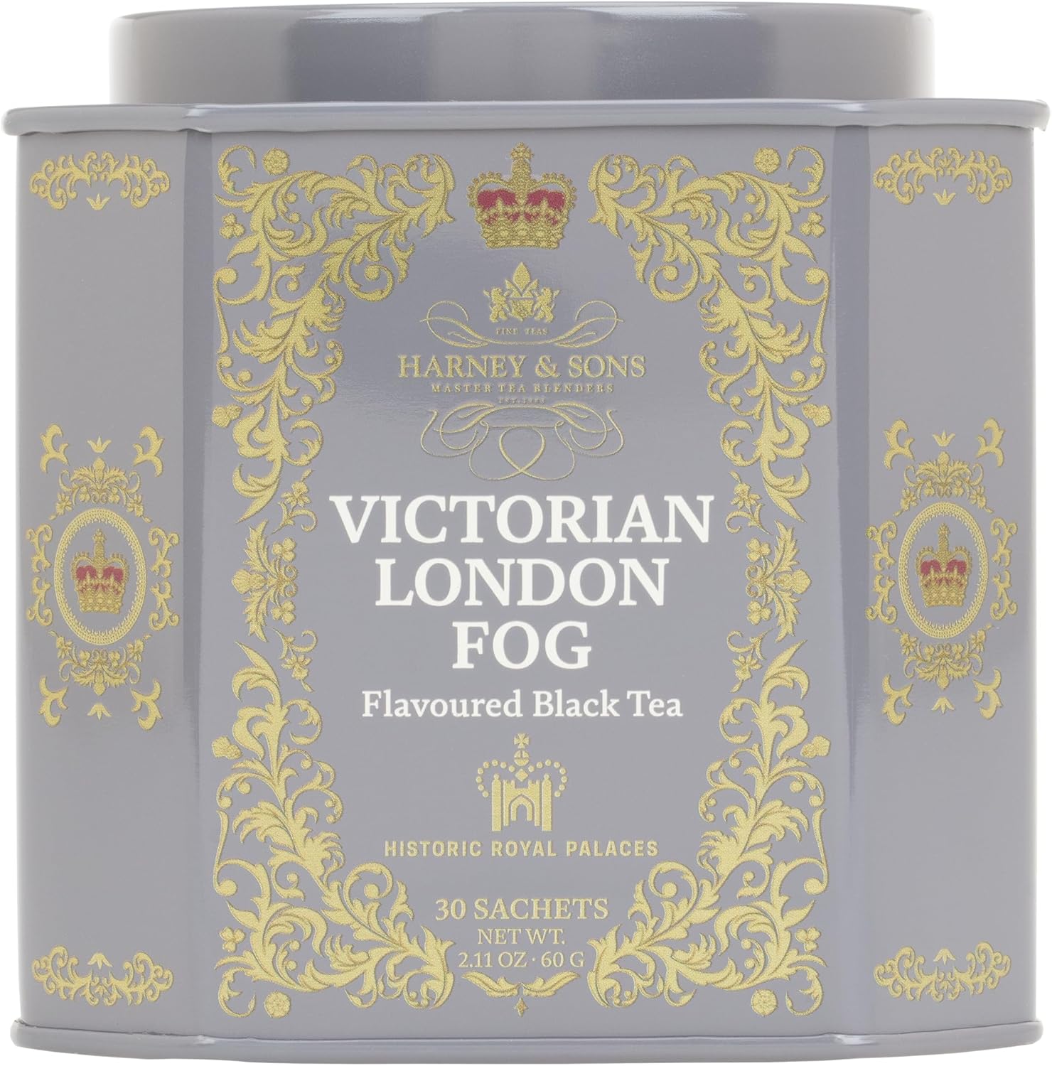 Harney & Sons Victorian London Fog Tea, Black and Oolong Tea with Citrus, Vanilla and Lavender | 30 Sachets, Historic Royal Palaces Collection (Tin Design May Vary)