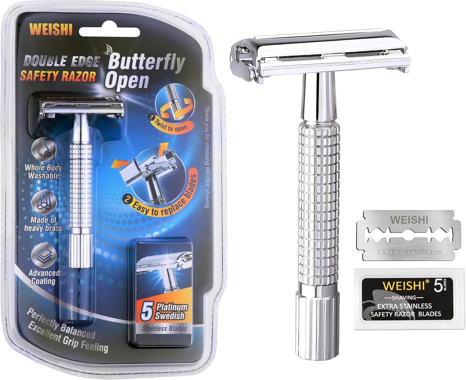 WEISHI Butterfly Open Double Edge Safety Razor for Men, Chrome Short Handle with 5 Stainless Razor Blades Included, Reusable Wet Shave Tool for Smooth, Close Shave