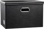 PRANDOM Large Collapsible Storage Bin with Lid [1-Pack] Leather Fabric Foldable Storage Box Organizer Containes Basket Cube with Cover for Home Bedroom Closet Office Nursery Black (17.7x11.8x11.8)