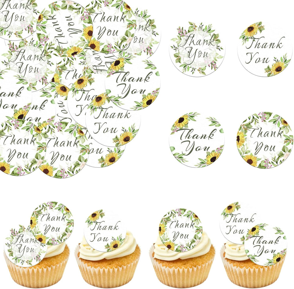 48 Pack Edible Sunflowers Thank You Cupcake Toppers Wafer Paper Floral Thank You Cupcake Picks Greenery Frames Wedding Baby Shower Thank You Cake Decor for Wedding Party Cake Decor Supplies