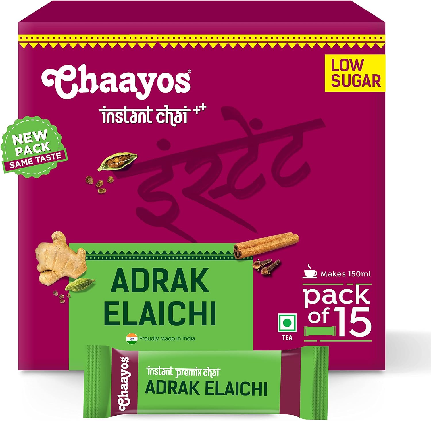 Chaayos - Instant Tea Premix - Low Sugar - Adrak Elaichi (15 Sachets)