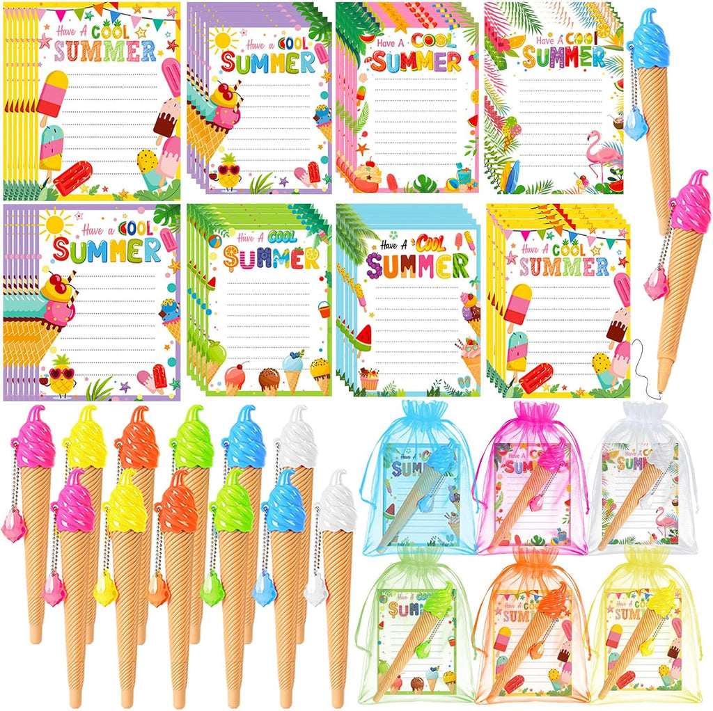 36 Pack School End Of Year Surprise Gift Sets, Ice Cream Pens Summer Sticky Notes Kit with Gift Bags & Ribbon for Pool Beach Birthday Class Parties & Student Gifts