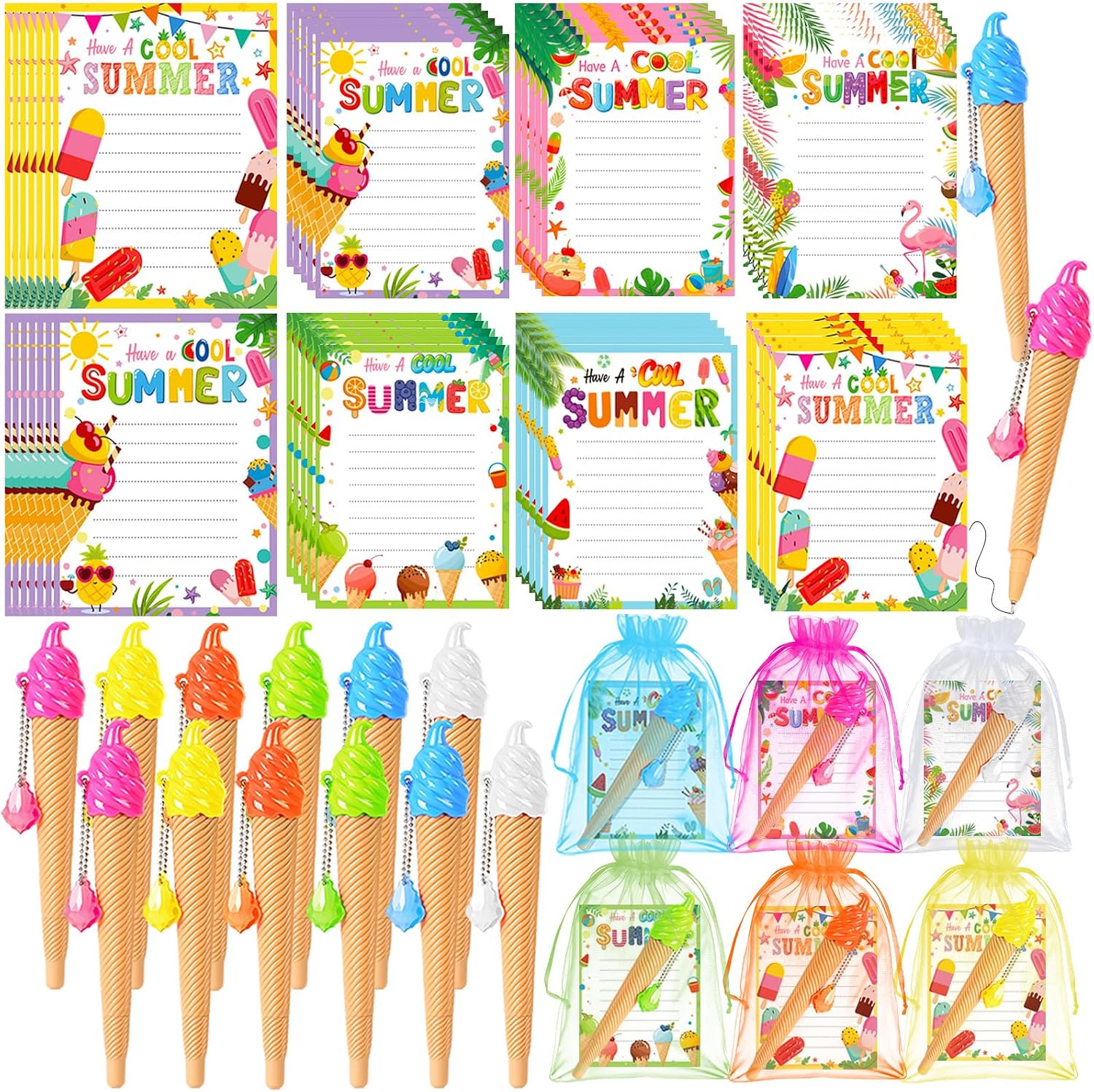 36 Pack School End Of Year Surprise Gift Sets, Ice Cream Pens Summer Sticky Notes Kit with Gift Bags & Ribbon for Pool Beach Birthday Class Parties & Student Gifts