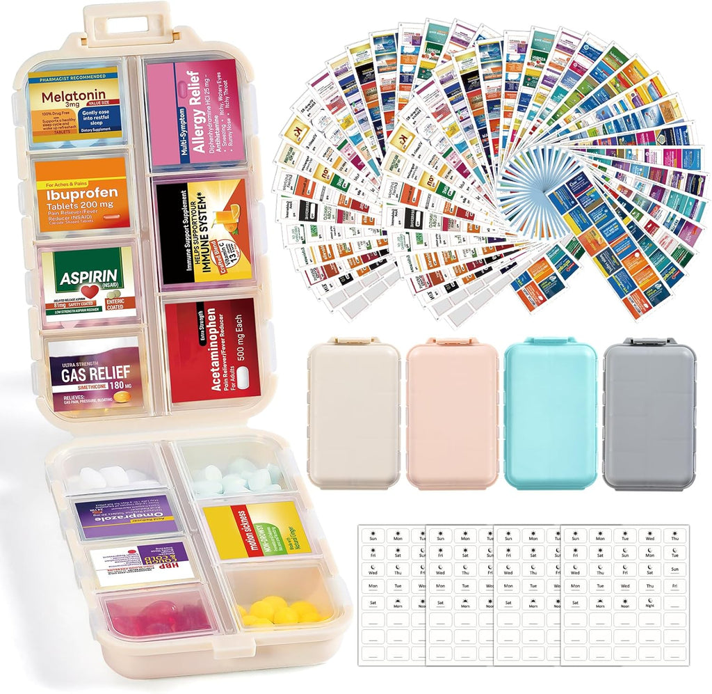 4 Pack 14 Grids Travel Pill Organizer Box with 830-Pcs(2 Set) Medicine Name Labels - Pocket Daily Pharmacy Case Container Kit - Travel Medication Holder Dispenser for Fish Oil Vitamin Supplement