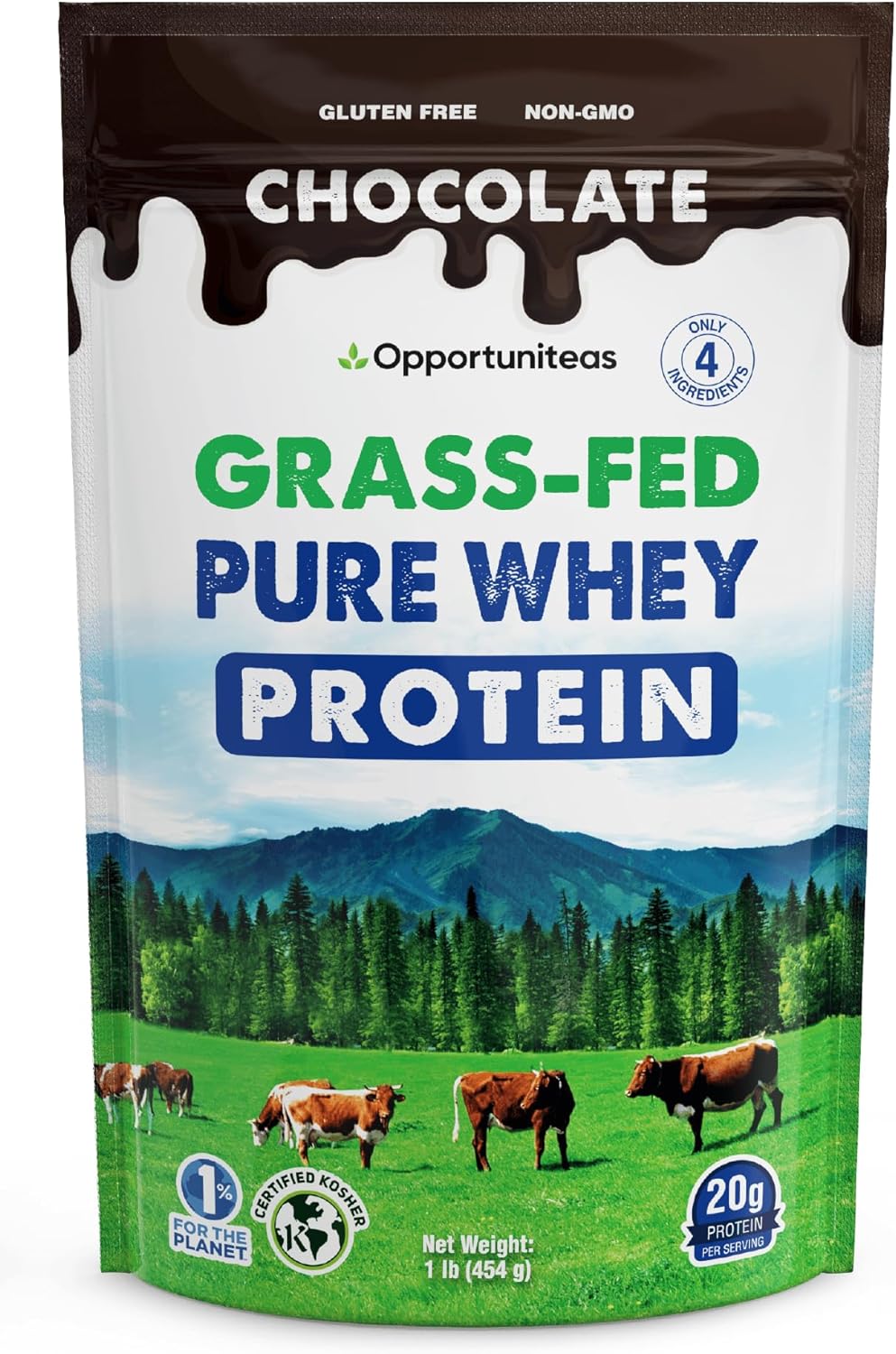 Opportuniteas Grass Fed Whey Protein Powder Concentrate - Chocolate - Pure Protein Supplement - Non GMO, Hormone Free & Gluten Free - 1lb