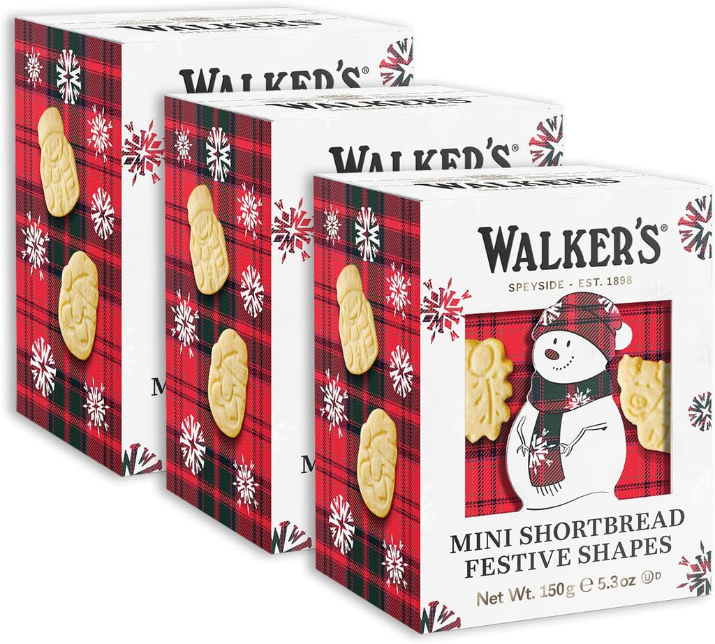 Walker’s Snowman Shortbread Cookies, 15.9 oz, 3 Boxes, Includes an Assortment of Mini Festive-Shaped Christmas Cookies