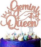 Gemini Queen Cake Topper, Gemini Season/12 Zodiac Constellation Theme Cake Decor, Big Gemini Energy Birthday Party Decoration Supplies for Women, Rose Gold Glitter