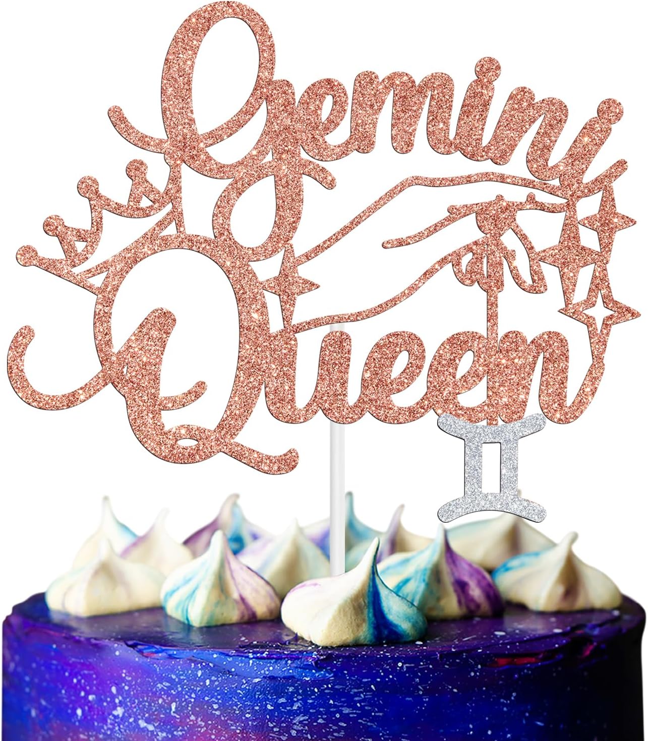 Gemini Queen Cake Topper, Gemini Season/12 Zodiac Constellation Theme Cake Decor, Big Gemini Energy Birthday Party Decoration Supplies for Women, Rose Gold Glitter