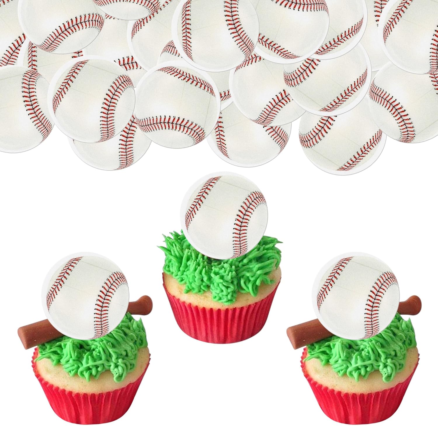 48 PCS Edible Baseball Cupcake Toppers Wafer Paper Sports Balls Cupcake Picks Edible Baseball Cupcake Decorations for Sports baseball Theme Baby Shower Kids Birthday Party Cake Decoration Supplies