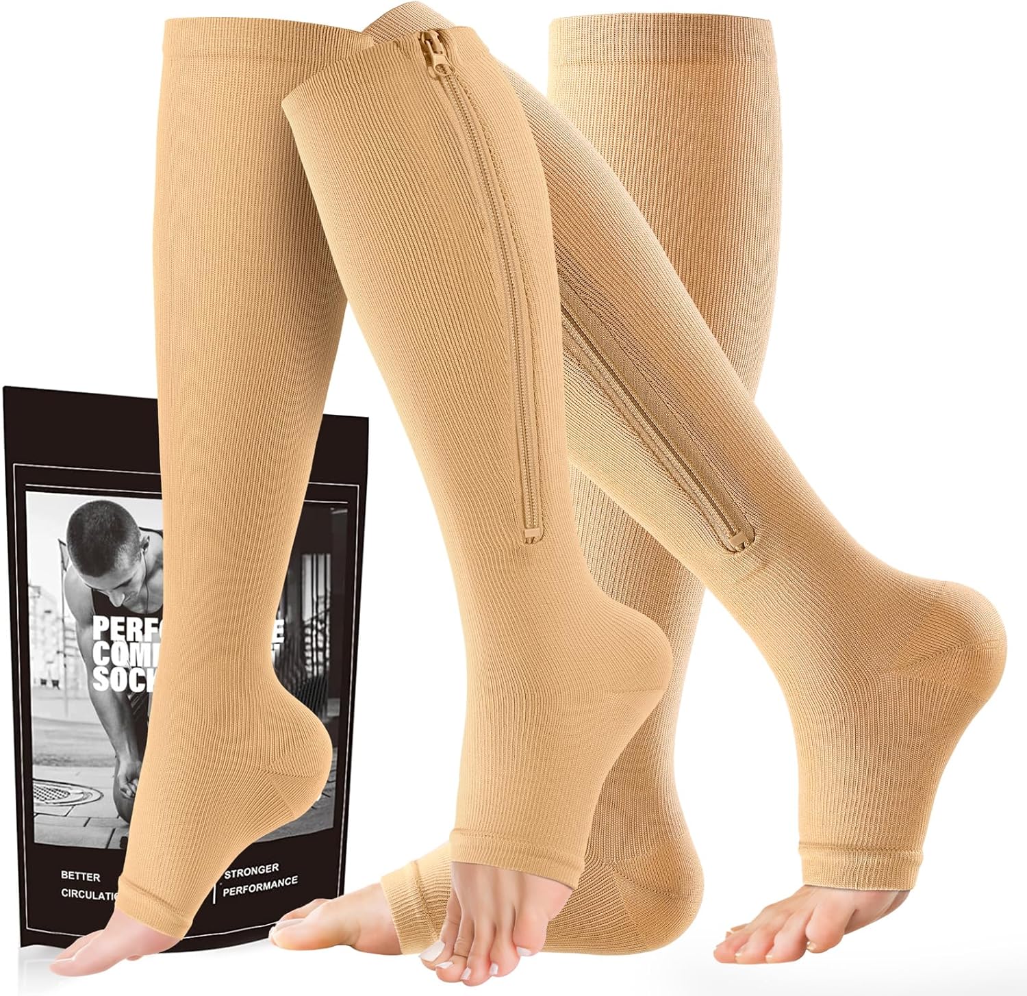 cerpite Zipper Compression Socks - 2 Pairs Open Toe Compression Stockings for Men Women 15-20mmHg,Suit for Running, Sport