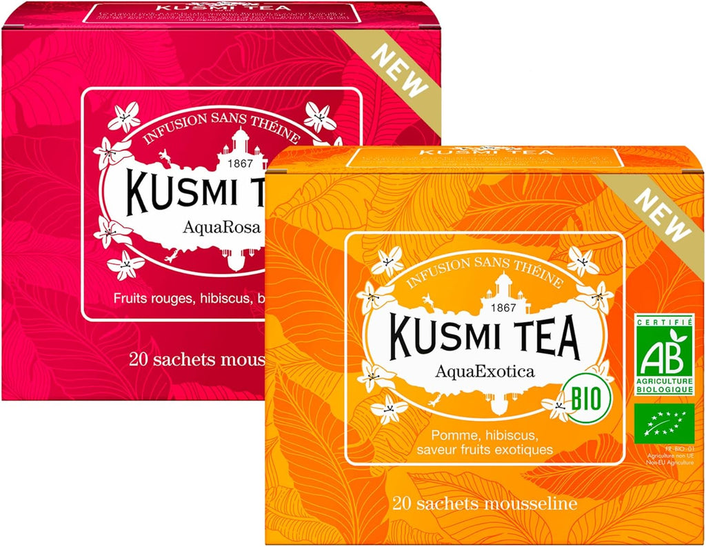 Kusmi Tea - Pack of 2 Boxes of Tea Bags - AquaExotica + AquaRosa - Iced Herbal Tea Recipe - Hibiscus Based Fruit Teas with Apple, Rosehips, Black Berries - Caffeine Free Herbal Tea - 2x20 Tea Bags
