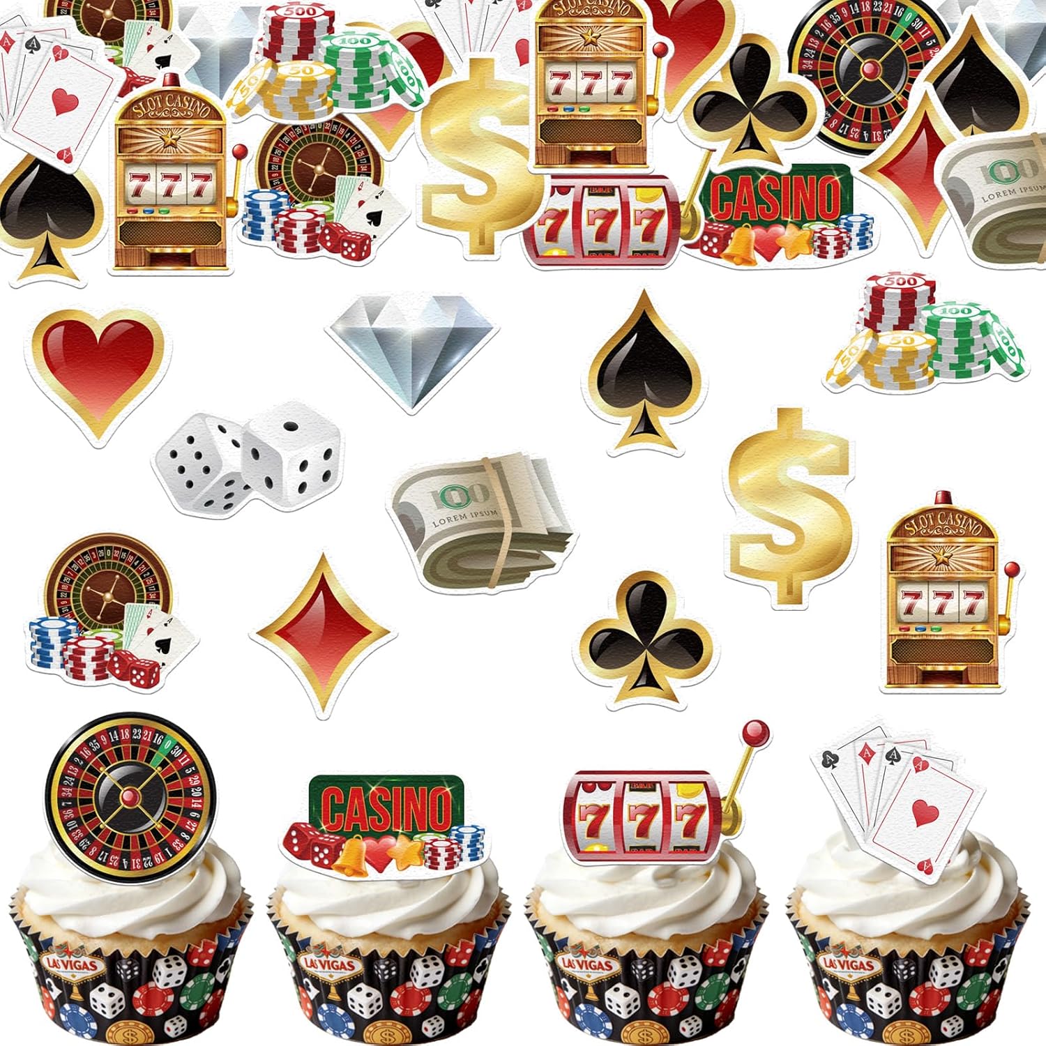 70PCS Edible Casino Cupcake Toppers Wafer Paper Las Vegas Casino Night Cake Decorations Edible Poker Game Cupcake Toppers for Casino Theme Birthday Party Decoration