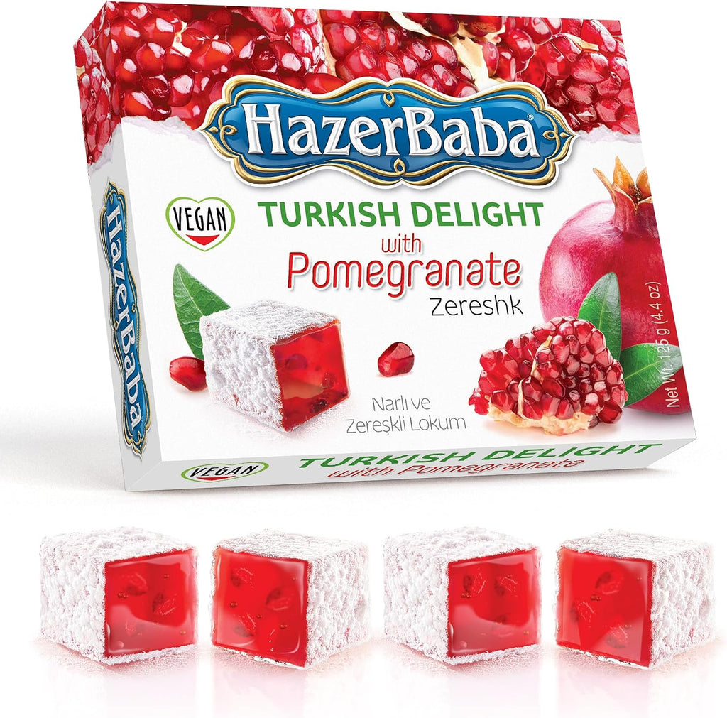 Hazer Baba Turkish Delight Candy, Pomegranate & Zereshk Flavored, 4.4oz (Pack of 1), Gourmet Snack Box, Traditional, Vegan Snack, Turkish Lokum, Sweets, Loukumi, Delicias Turcas, Halal, Kosher