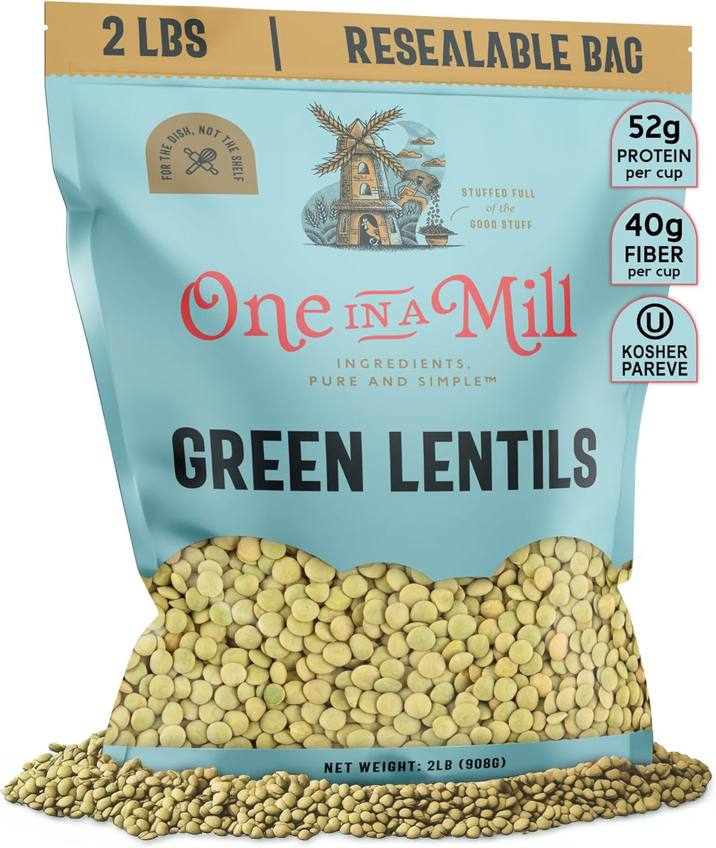 ONE IN A MILL Green Lentils 2LB Bulk Resealable Bag | For Soup, Stews, & Curries | All-Natural Plant-Based Protein | OU Kosher