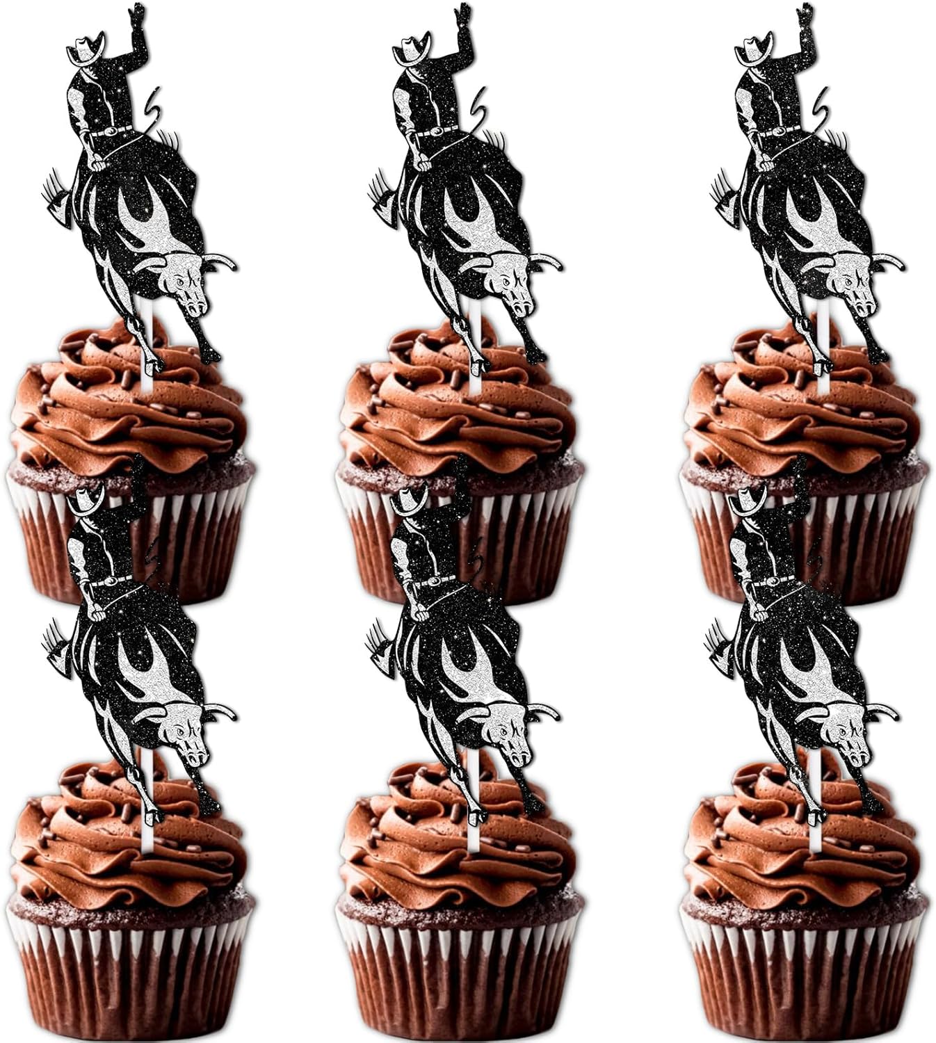 18pcs Black White Glitter Matador Cow Dessert Cupcake Topper Pick for Western Bull Riding Bull Rider Competition Theme Decor Supplies Men Boys Birthday Party Decorations