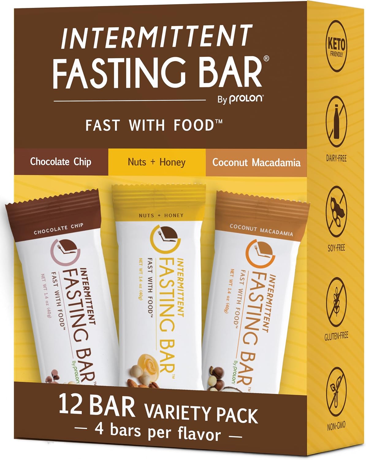 Prolon Fasting Bars | 5g Protein, 7g Fiber | Keto-Friendly, Gluten-Free, Dairy-Free, Plant-Based | Nutrition for Intermittent Fasting | Variety Pack | Nuts & Honey, Chocolate Chip, Coconut Macadamia (12 Count)