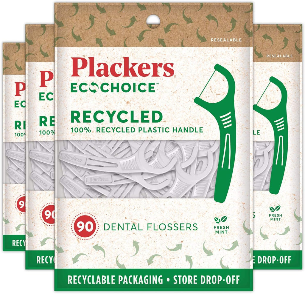 Plackers EcoChoice Fresh Mint Recycled Dental Flossers, Easy Grip Handle, Built in Toothpick, Made with 100% Recycled Food Grade Plastic, 360 Count (Pack of 4)