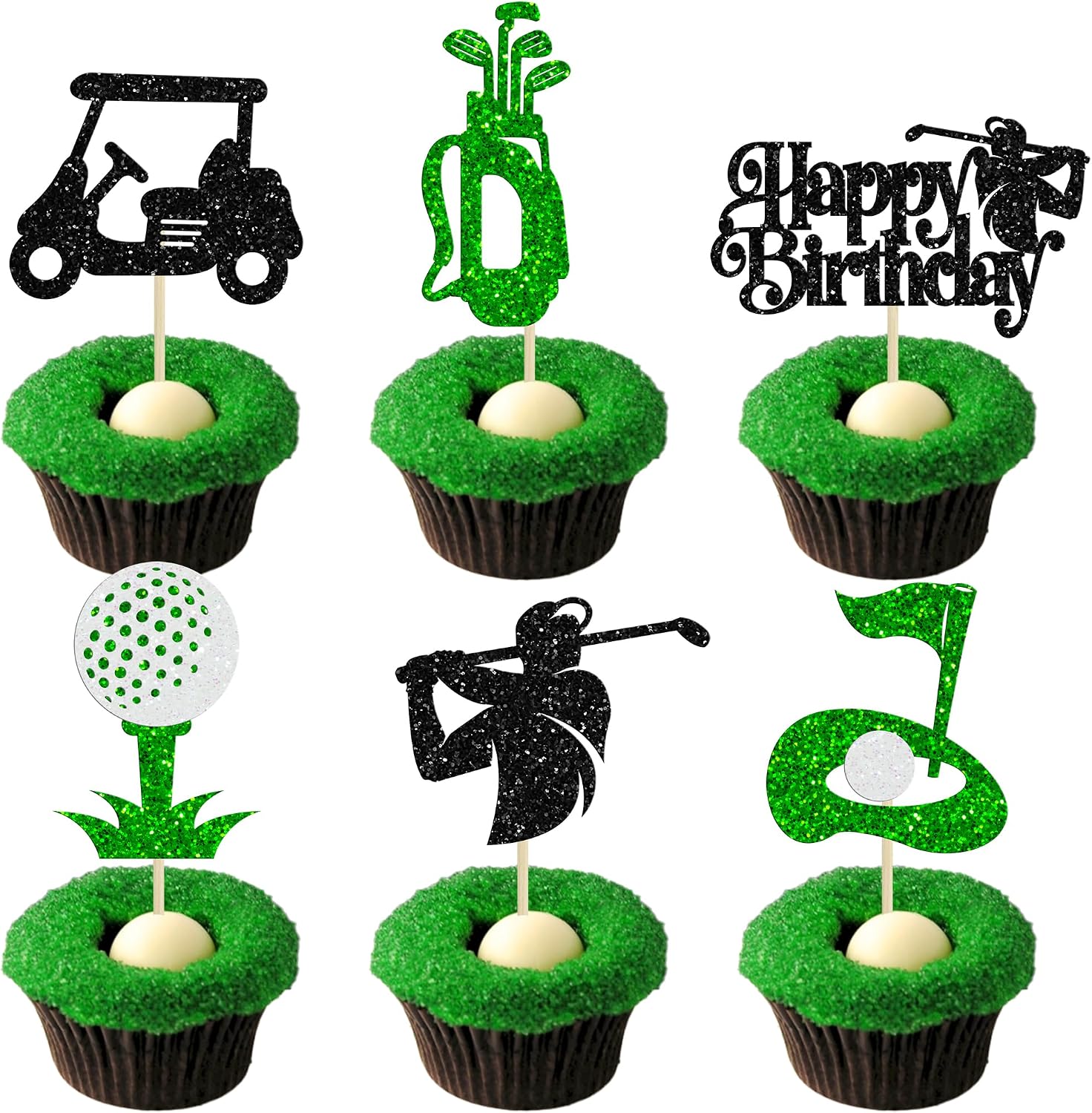 Ephlyn 24Pcs Golf Cupcake Toppers Glitter Trophy Lawn Golf Shoes Bag Ball Carts Cupcake Picks for Golf Sports Player Theme Baby Shower Birthday Party Cake Decorations Supplies