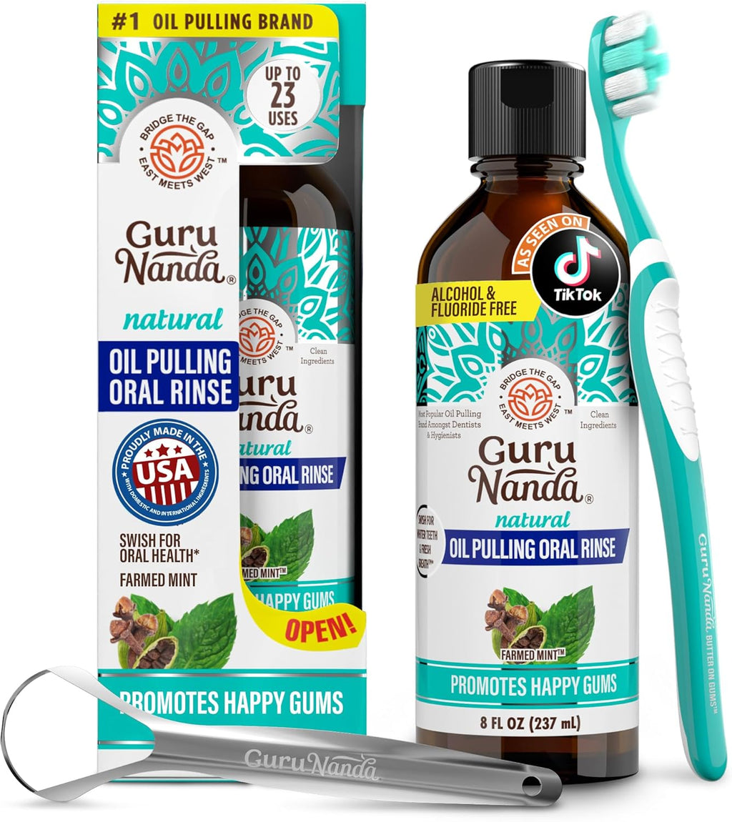 GuruNanda CocoMint Oil Pulling Mouthwash for Complete Oral Hygiene, 7 Essential Oils & Vitamins for Happy Teeth & Gums & Fresh Breath , Alcohol-Free, 8 oz