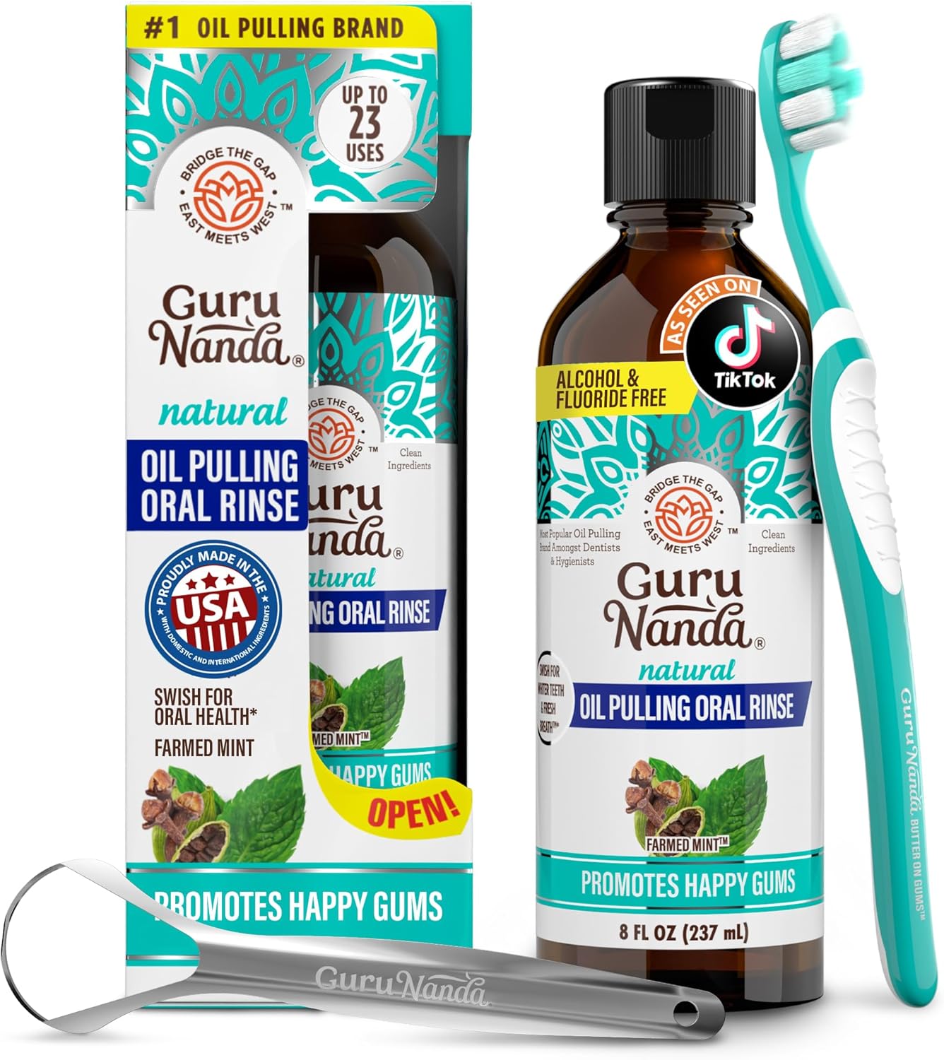 GuruNanda CocoMint Oil Pulling Mouthwash for Complete Oral Hygiene, 7 Essential Oils & Vitamins for Happy Teeth & Gums & Fresh Breath , Alcohol-Free, 8 oz