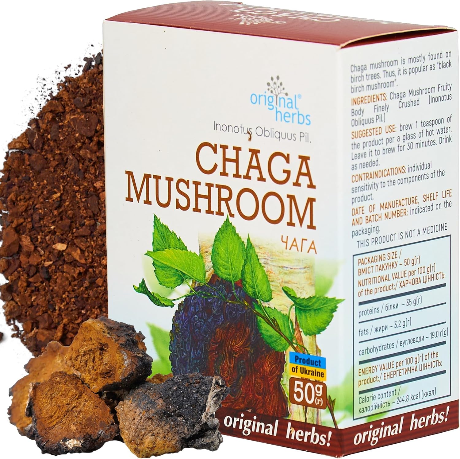 CHAGA MUSHROOM TEA, (Inonotus Obliquus Pil) | | Original Herbs Herbal Tea – Wild Crafted Herbs Tea – 50g (1.76oz), 100% Pure, Natural Antioxidant-Rich Chaga