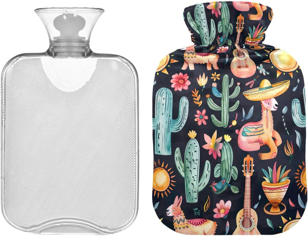 Mexican Cactus Flowers Llamas Classic Hot Water Bottle with Cover 1L Winter Hot Water Bag Hot Water Pouch for Menstrual Cramps, Neck, Shoulder, Back Pain Relief