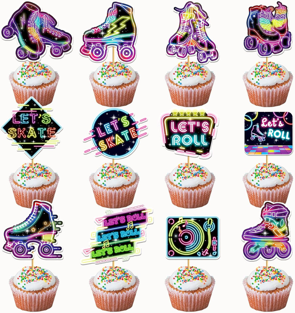 24 Pcs Roller Skating Cupcake Toppers Roller Skate Cake Decorations Roller Skating Party Decorations Cupcake Toppers for Roller Skate Birthday Party Decorations