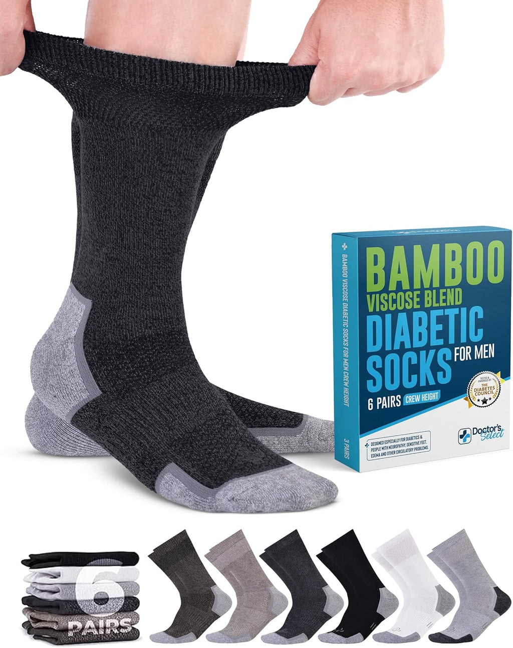 Doctor's Select Diabetic Socks for Men - 6 Pairs Non Binding Stretch Top, Bamboo Viscose Mens Diabetic Socks