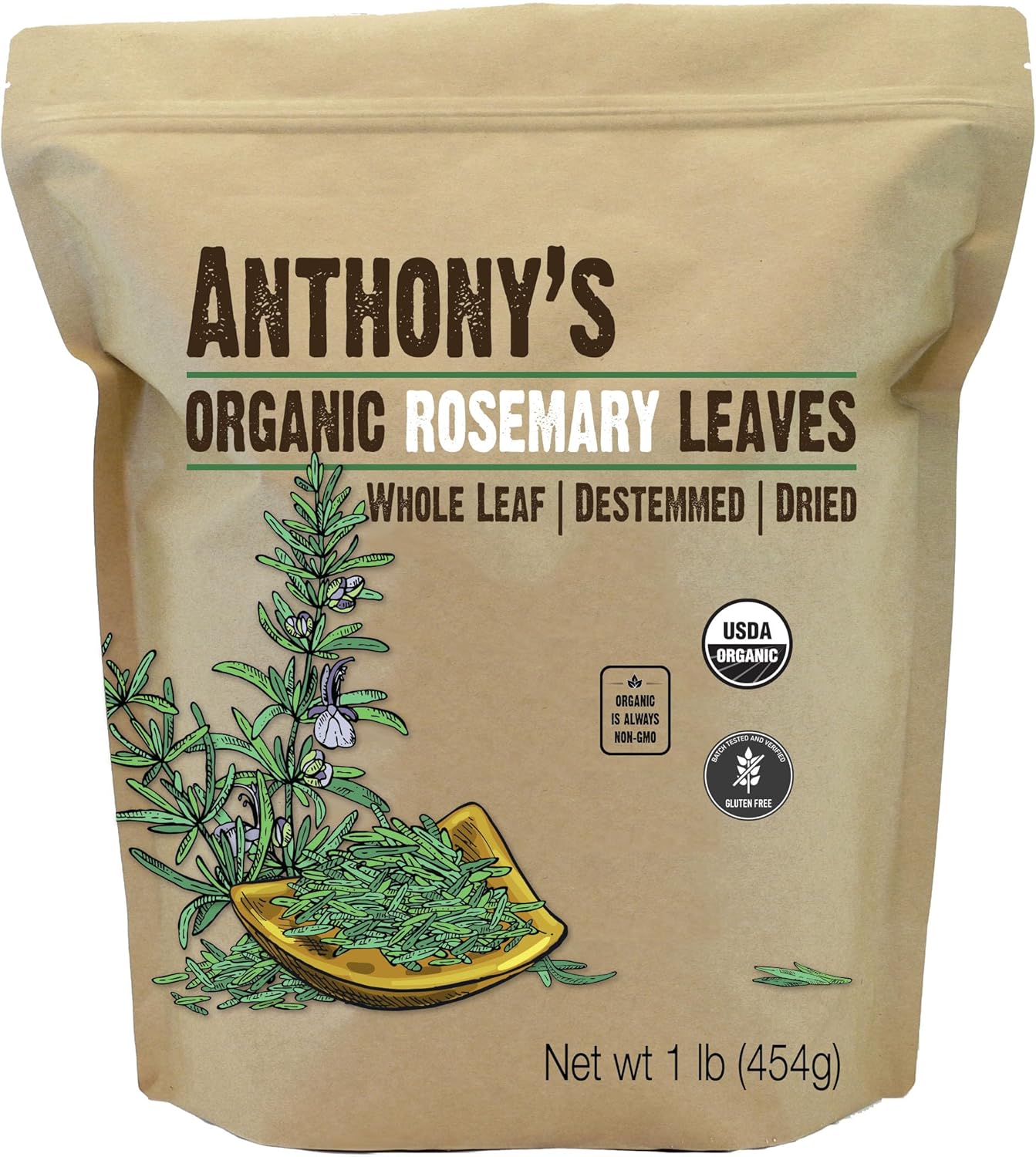 Anthony's Organic Dried Rosemary Leaves, 1 lb, Whole Leaf, Destemmed, Non GMO, Non Irradiated, Gluten Free