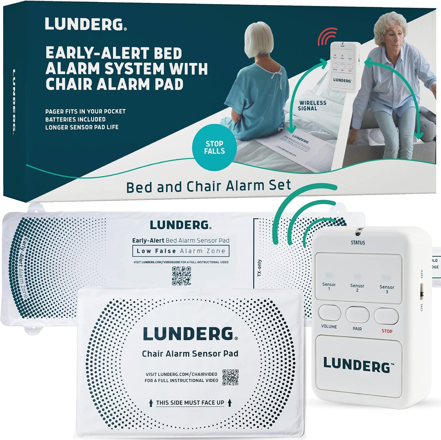 Lunderg Wireless Bed & Chair Alarm Set - Alerts Caregiver Before They Get Up, No in-Room Alarm to Disturb Elderly Loved Ones, Early-Alert Bed Pad, Chair Pad & Pager, Fall Prevention for Dementia Care