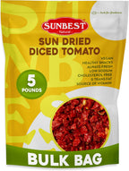 Sunbest Natural Diced Sun-Dried Tomatoes – 5 lb Bulk Bag (80 oz) – Intense & Zesty Flavor – Non-GMO, Vegan, Kosher – Moist, Ready to Eat – Perfect for Snacking, Cooking & Baking