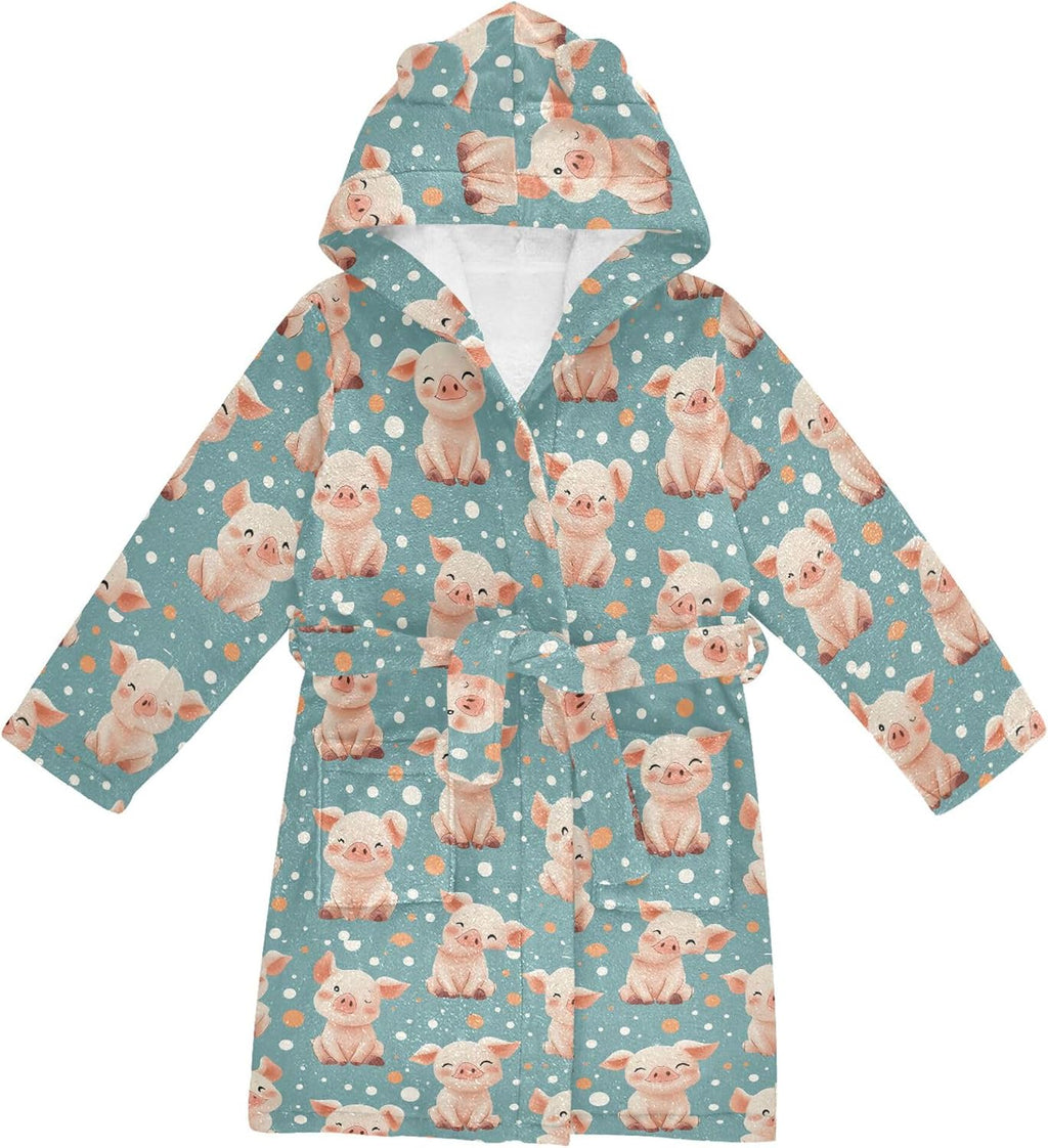 Cute Cartoon Pigs Pattern Bathrobe Hooded PJ Robe Soft Fleece Robe Pajama Sleepwears 2-12 Years