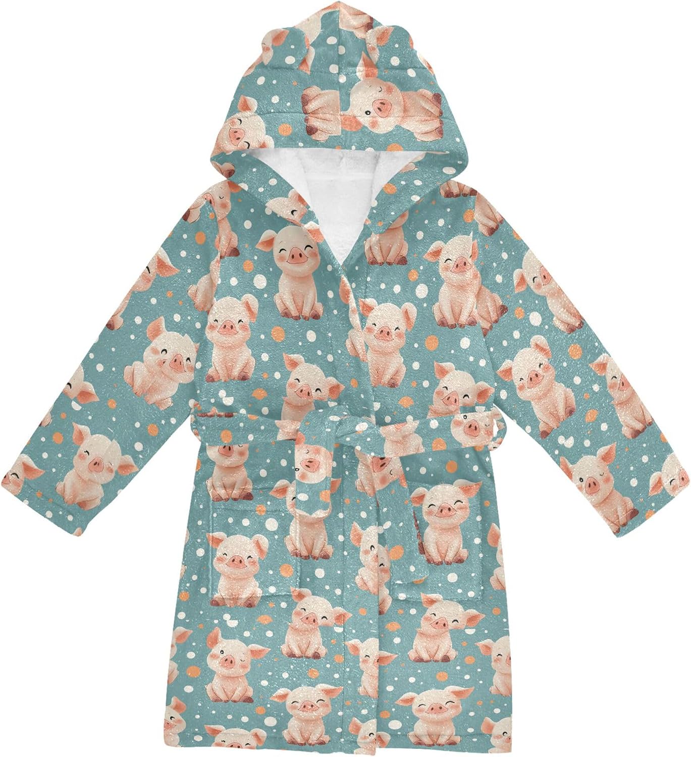 Cute Cartoon Pigs Pattern Bathrobe Hooded PJ Robe Soft Fleece Robe Pajama Sleepwears 2-12 Years